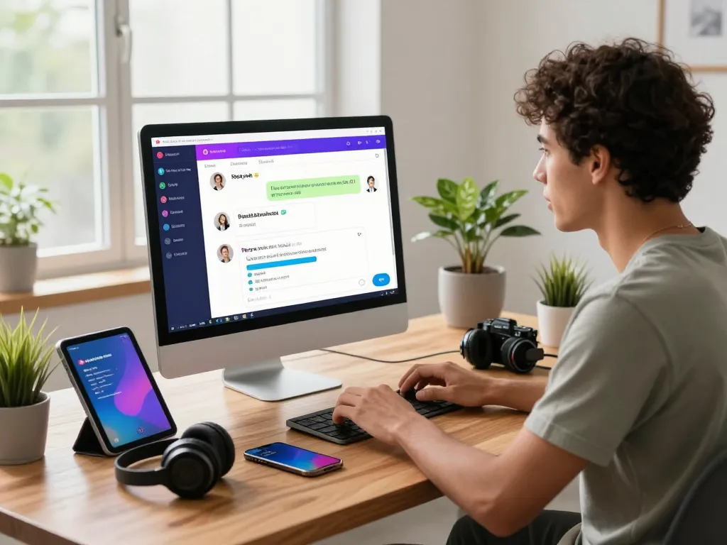 Engaged user interacting with spicy chat ai software in a modern workspace filled with tech gadgets.