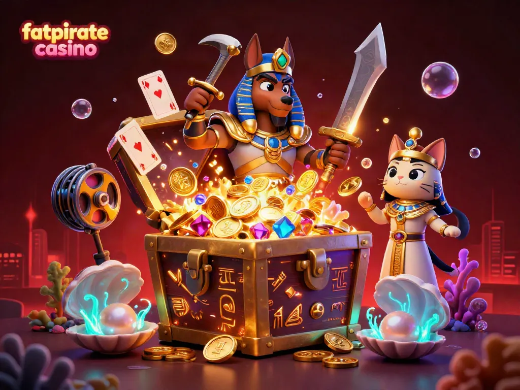 Experience the excitement of fatpirate casino with this vibrant pirate-themed 3D illustration showcasing treasures and games.