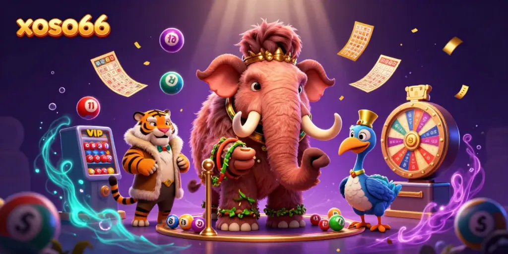 Engage with the dynamic world of xoso66 lottery as a woolly mammoth checks IDs, showcasing vibrant game elements.