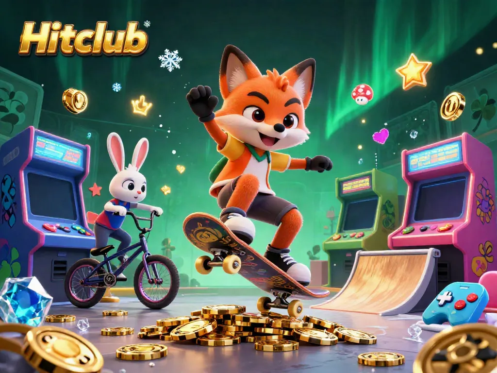 Hitclub features a fox and rabbit performing tricks over golden poker chips in a vibrant casino scene.