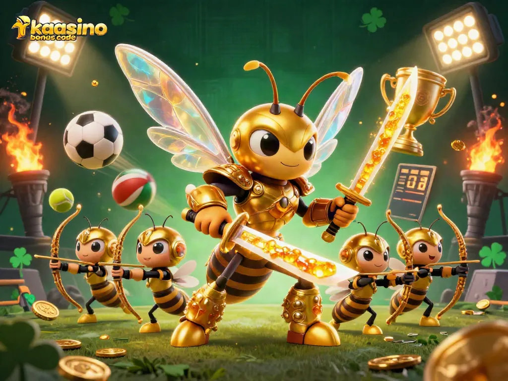 Kaasino bonus code illuminates a dynamic casino scene with a golden hornet and sporting elements