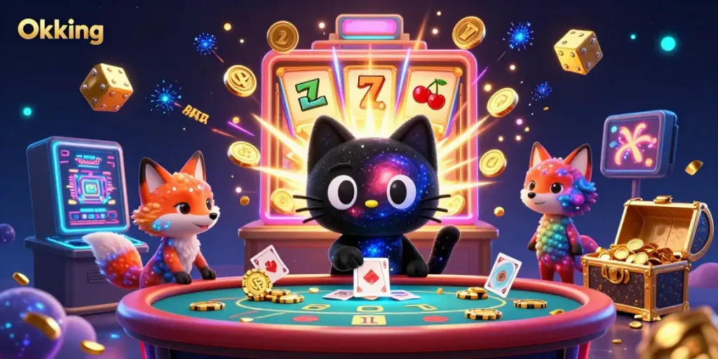 Experience the thrilling world of Okking with vibrant casino-themed characters and dynamic gaming elements.