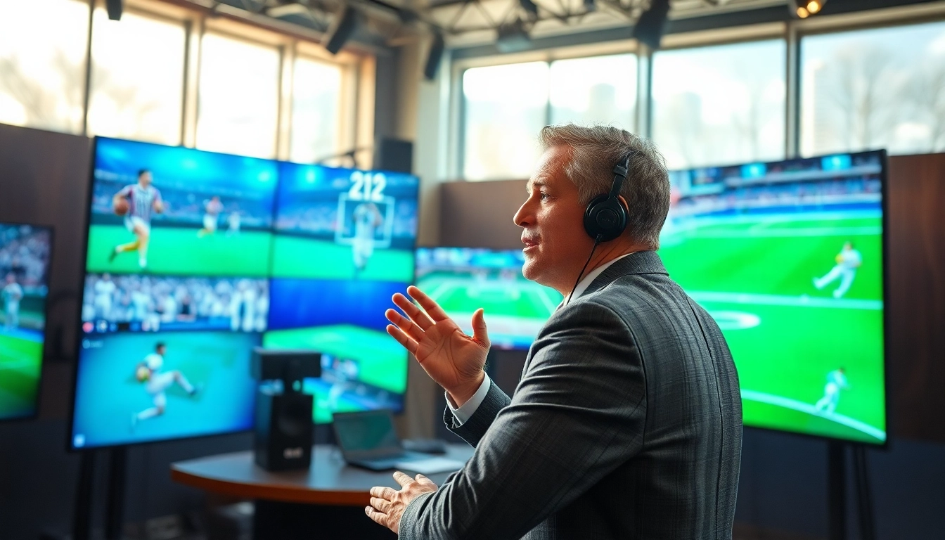 Engaging sports broadcasting scene with sports analyst discussing live games.