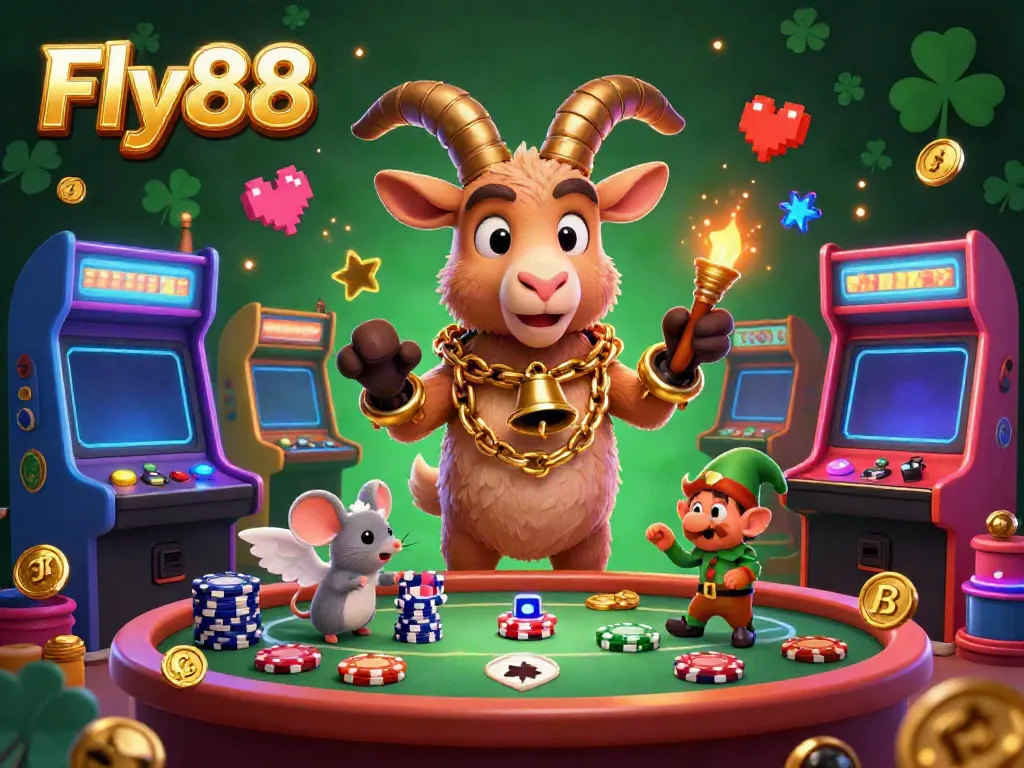 Engage in thrilling action at the Fly88 casino, featuring Krampus managing a playful gaming environment filled with colorful arcade elements.