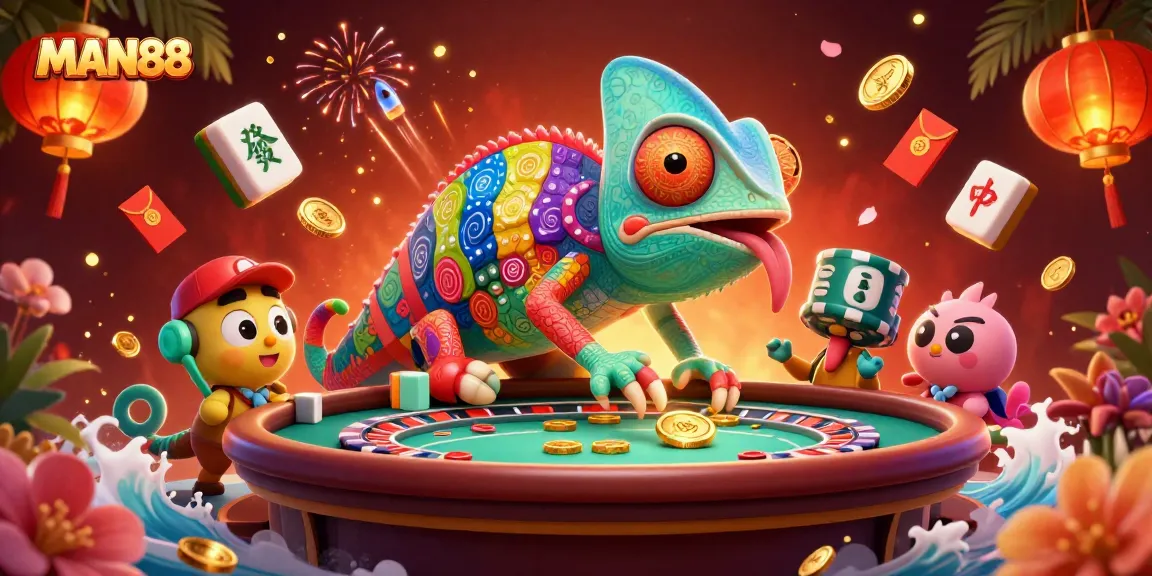 Experience the vibrant world of MAN88 online gaming with our animated casino chameleon illustration.