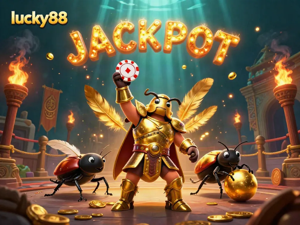 lucky88 players celebrating victory with a colorful jackpot scene featuring 3D characters and casino elements