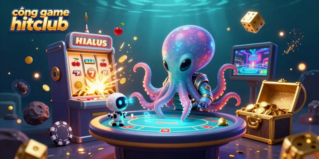 Engage with stunning gaming at cổng game hitclub, featuring a dynamic alien octopus playing poker.