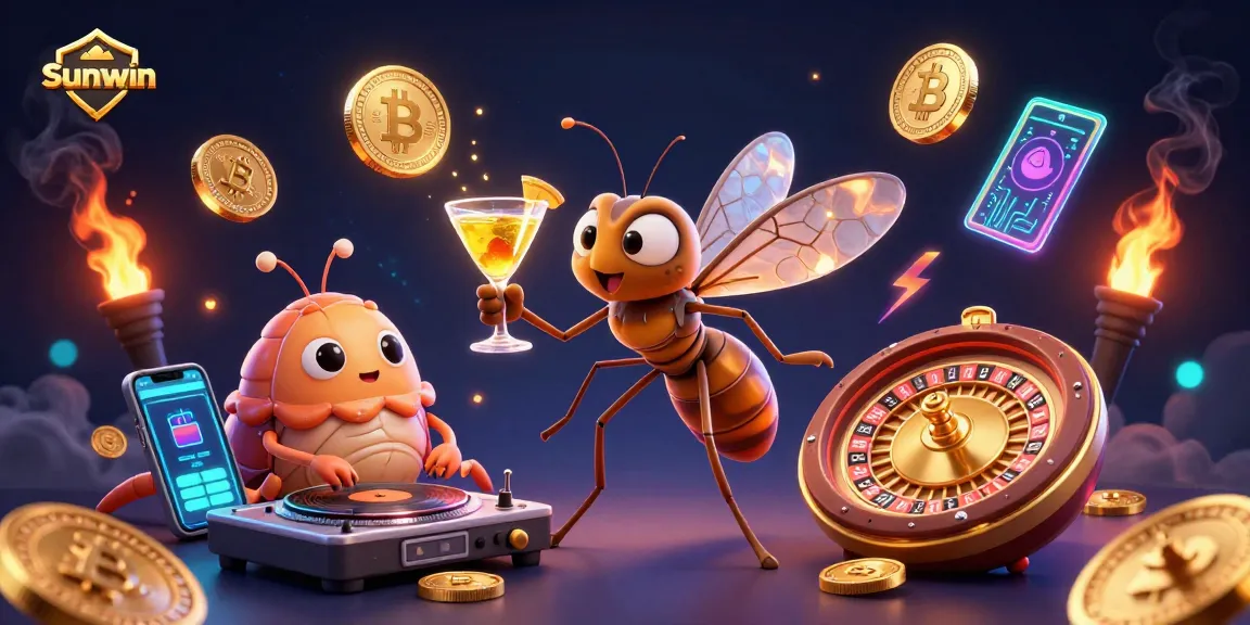Sunwin showcases a lively casino scene with a mosquito mascot and trilobite DJ among crypto coins.