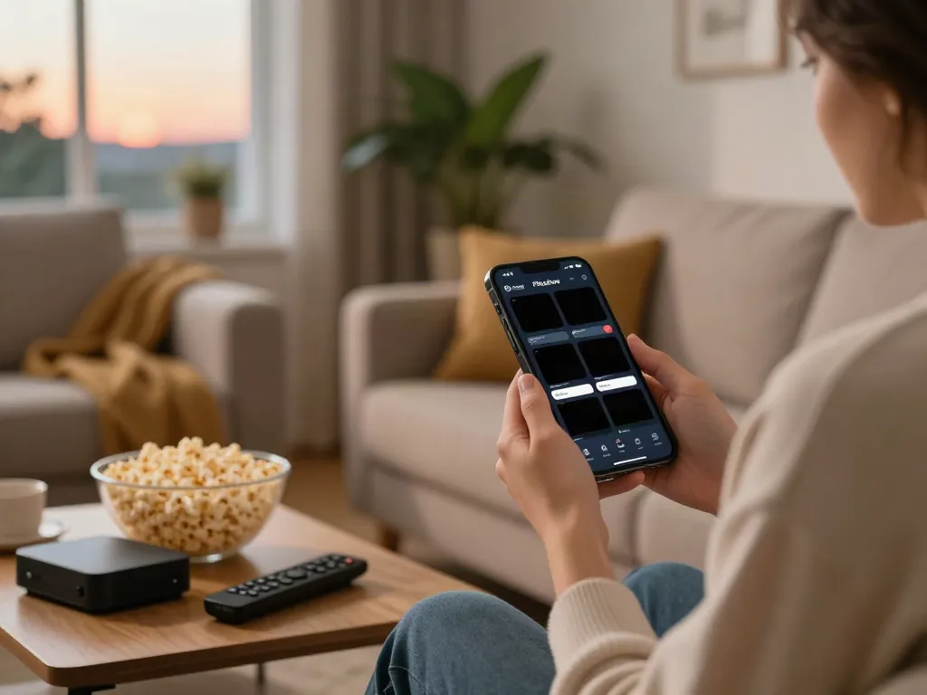 Pikashow for iOS user comfortably streaming movies in a cozy living room.