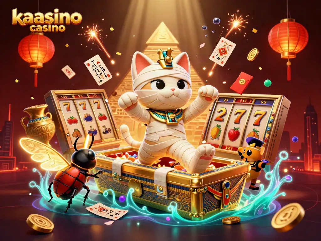Kaasino casino offers a vibrant portrayal of gaming excitement, featuring an Egyptian mummy cat and a scarab beetle amidst casino elements.