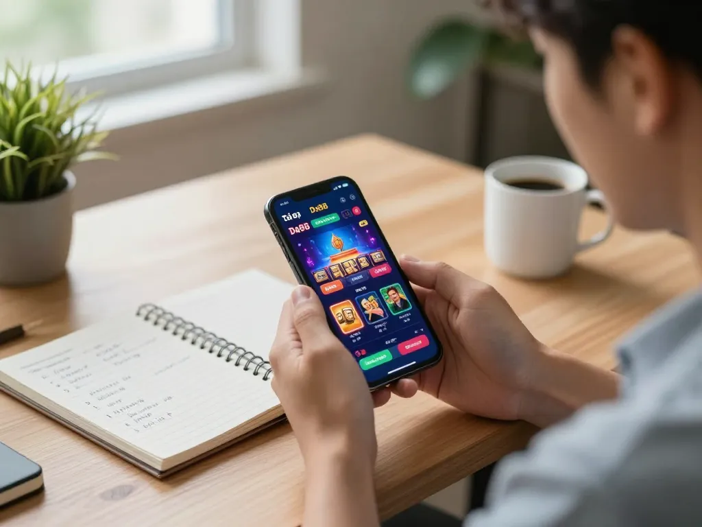 Tải app Da88 on smartphone, showcasing a player engaging in responsible online gambling strategy at home.