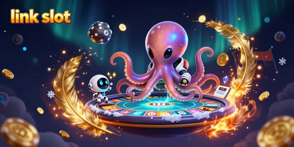 Engage in thrilling slot gameplay at link slot with a vibrant cartoon alien octopus operating a poker table, surrounded by jackpot symbols.