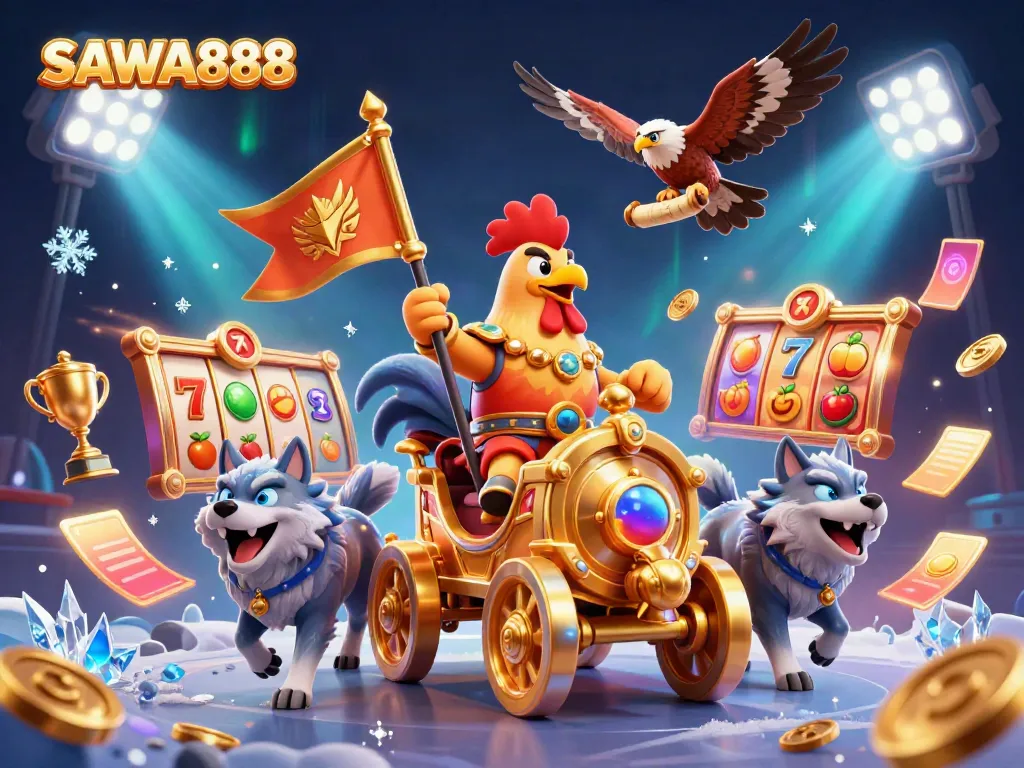 Engage with SAWA888's thrilling slot experience in a colorful 3D digital illustration featuring casino elements.