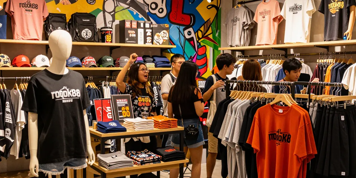 Exclusive rokok88 apparel displayed in urban boutique, inviting shopping atmosphere with vibrant accessories and customers.
