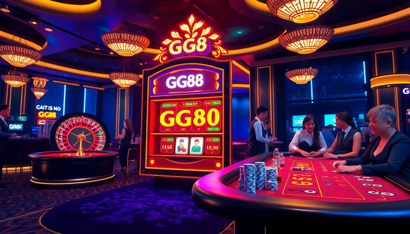 Exciting GG88 slot machine surrounded by vibrant casino visuals, capturing thrilling gambling action.