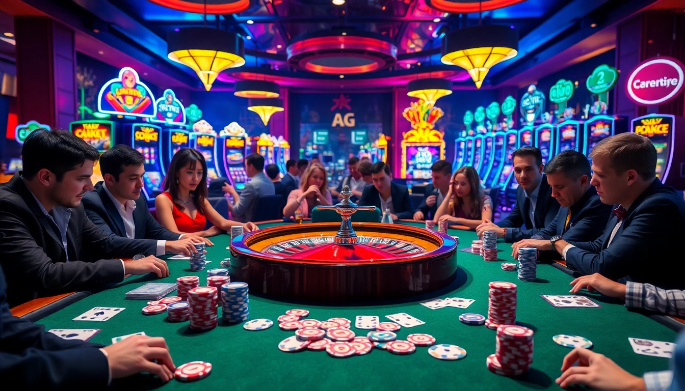 Experience the thrill of winning at https://vaoluoitv.ink/ with a dynamic casino scene featuring intense poker action and vibrant slot machines.