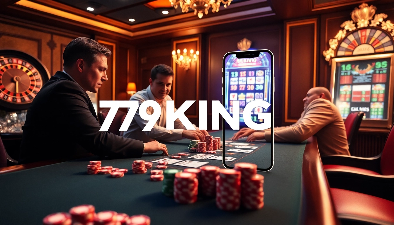 79KING players engaged in an exciting poker game at a luxurious casino table.