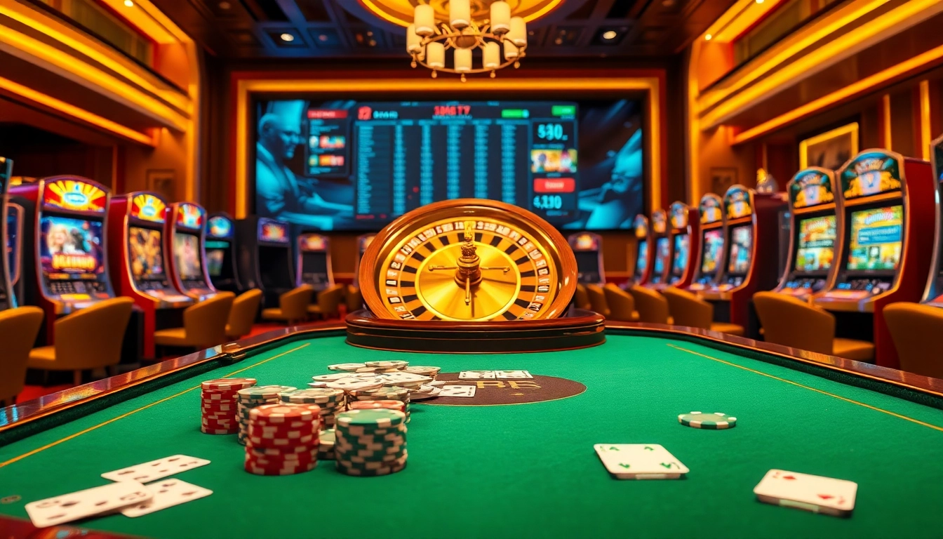 Experience the thrill of gaming at 8kbet with vibrant casino visuals of poker tables and slots.