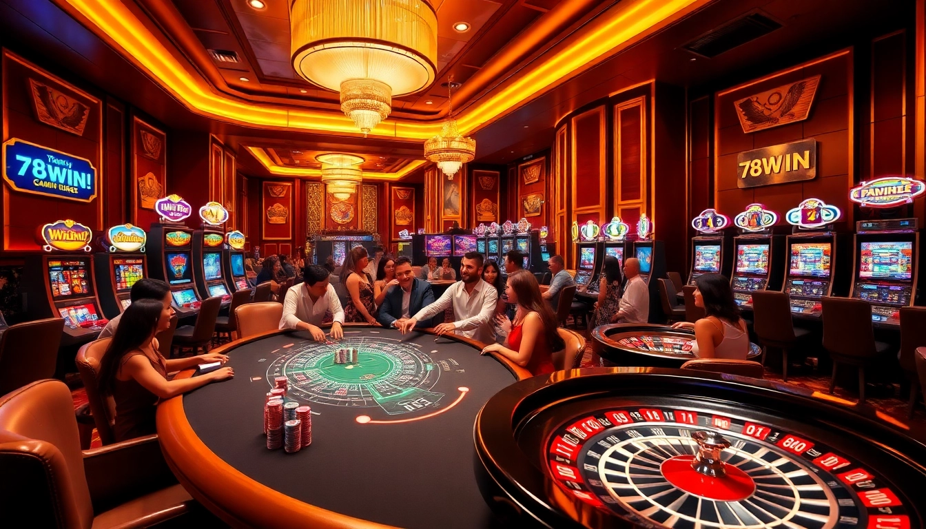 Experience the excitement of 78WIN with players celebrating big wins at a luxurious casino table.