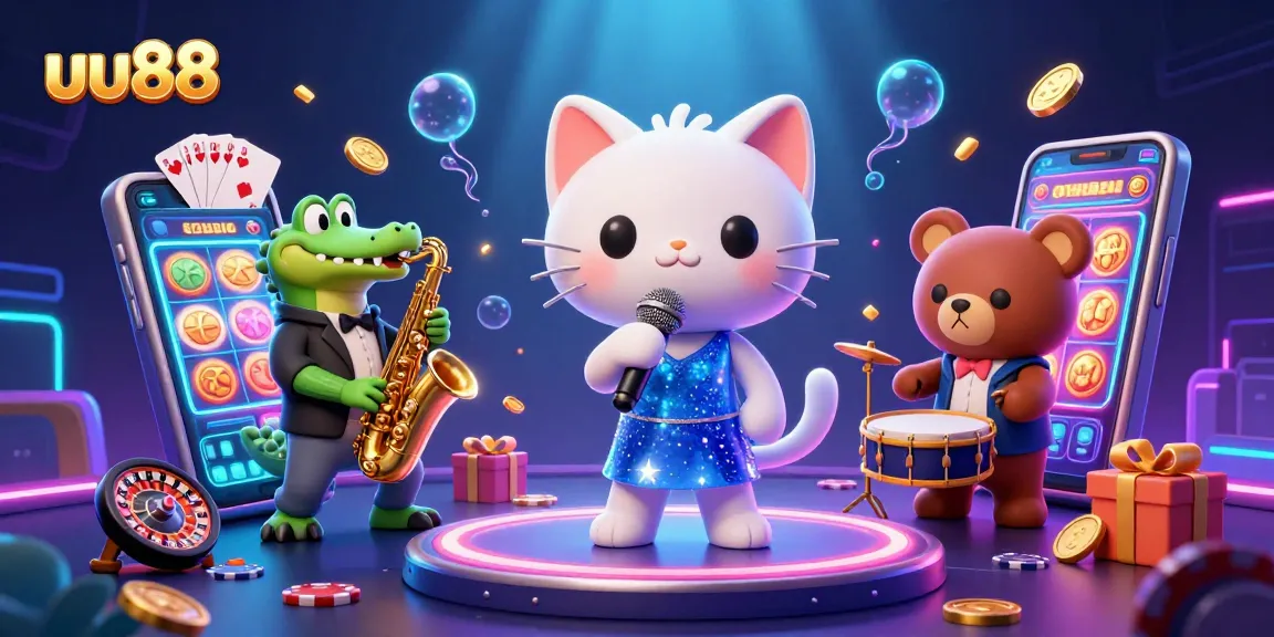 Experience thrilling gameplay with uu88, featuring lively 3D characters performing on a vibrant casino stage.