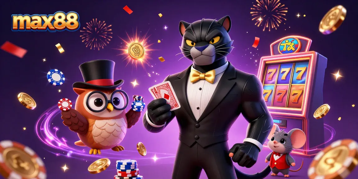 max88 casino-style scene featuring a black panther dealer, owl with poker chips, and a lucky mouse
