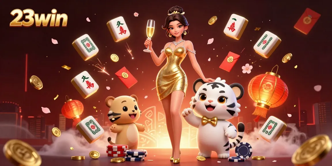Experience 23win's vibrant casino atmosphere with captivating characters and festive decorations.