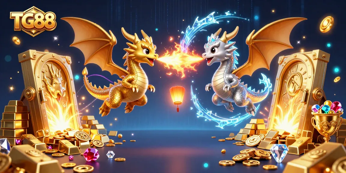 Explore exciting adventures in TG88 with twin dragons amid a dazzling casino treasure scene.