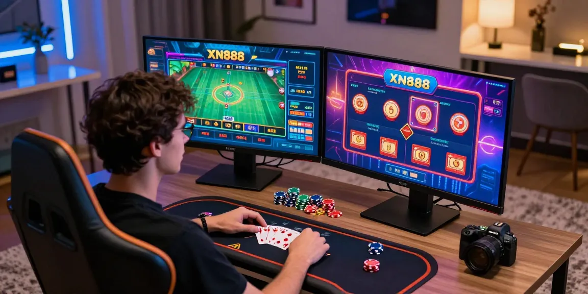 Engaged user playing XN888 casino games on a vibrant home setup.