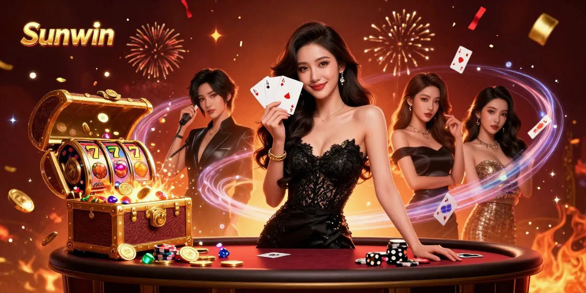 Engage with Sunwin's vibrant casino experience through a dynamic scene of an elegant woman holding playing cards.