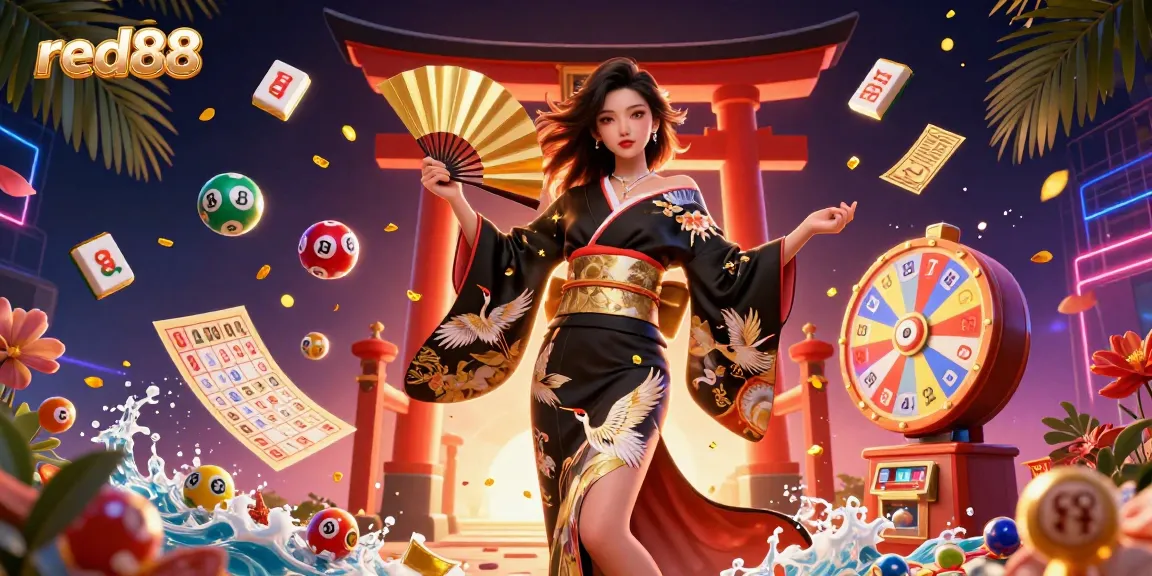 Engage in exhilarating gaming at red88 with dynamic lottery balls, golden tickets, and a stylish Asian woman amidst vibrant gambling elements.