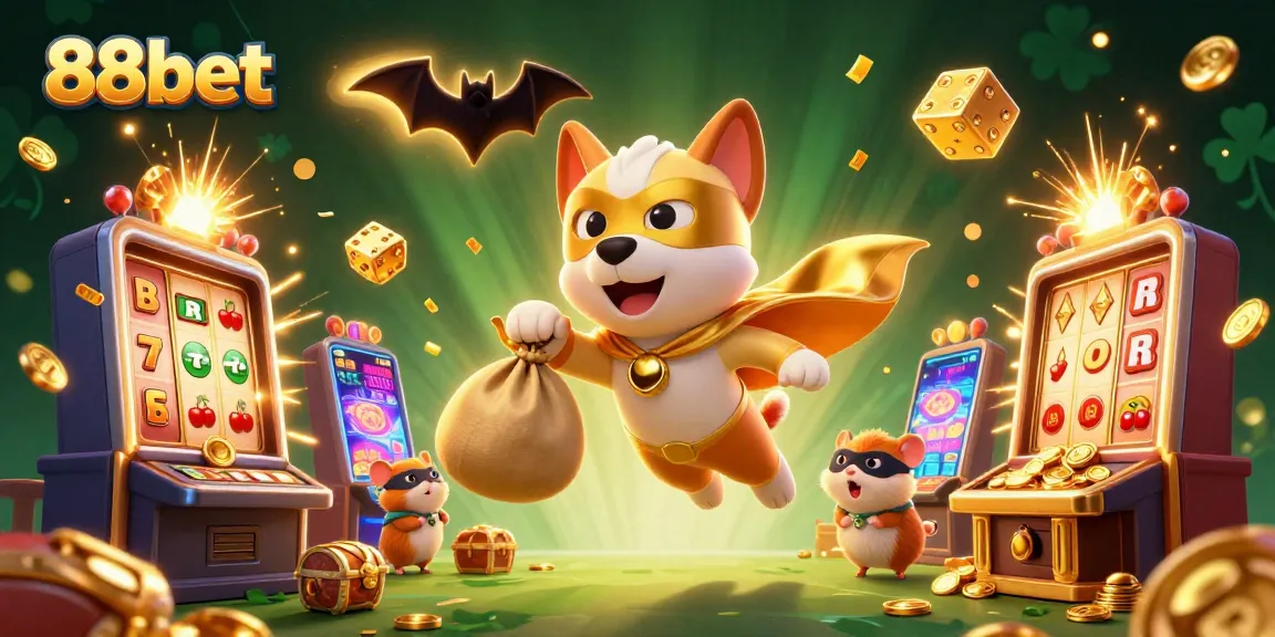 Catch the excitement at 88bet with a superhero dog and hamster surrounded by jackpot-winning scenes and casino elements.
