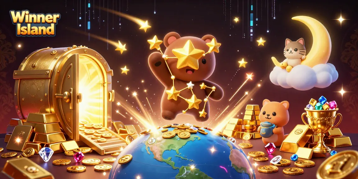 Winner Island casino illustration featuring a golden constellation bear collecting coins with vibrant casino elements.