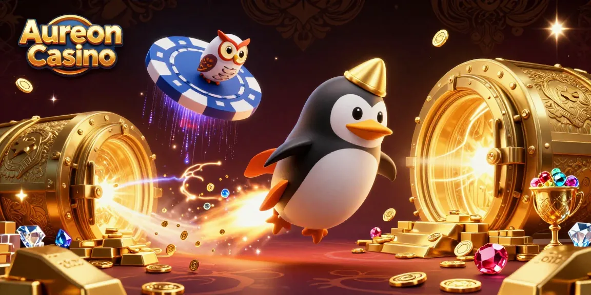 Aureon Casino showcases a vibrant 3D scene with a golden penguin spaceship and treasure.
