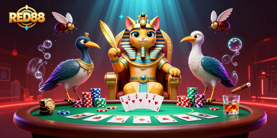 Engage in thrilling poker battles at RED88 with a pharaoh cat and vibrant casino elements.