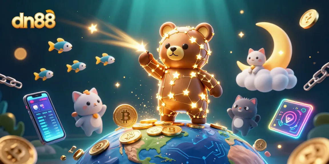 Exciting dn88 casino illustration featuring a constellation bear, crypto coins, and vibrant game elements.