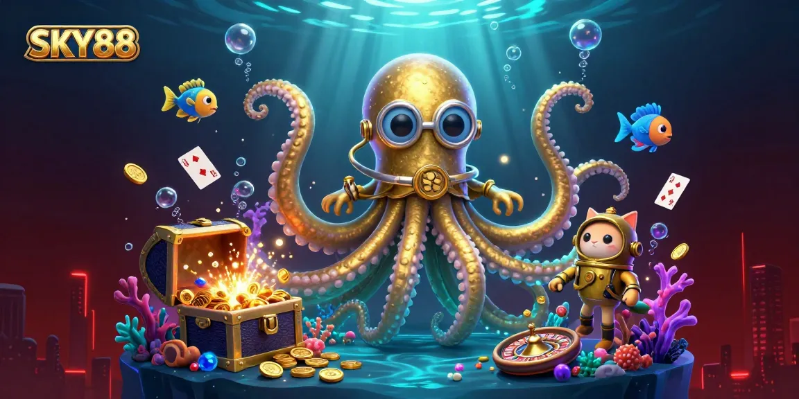 SKY88 players diving into excitement with poker elements and a vibrant underwater treasure scene.