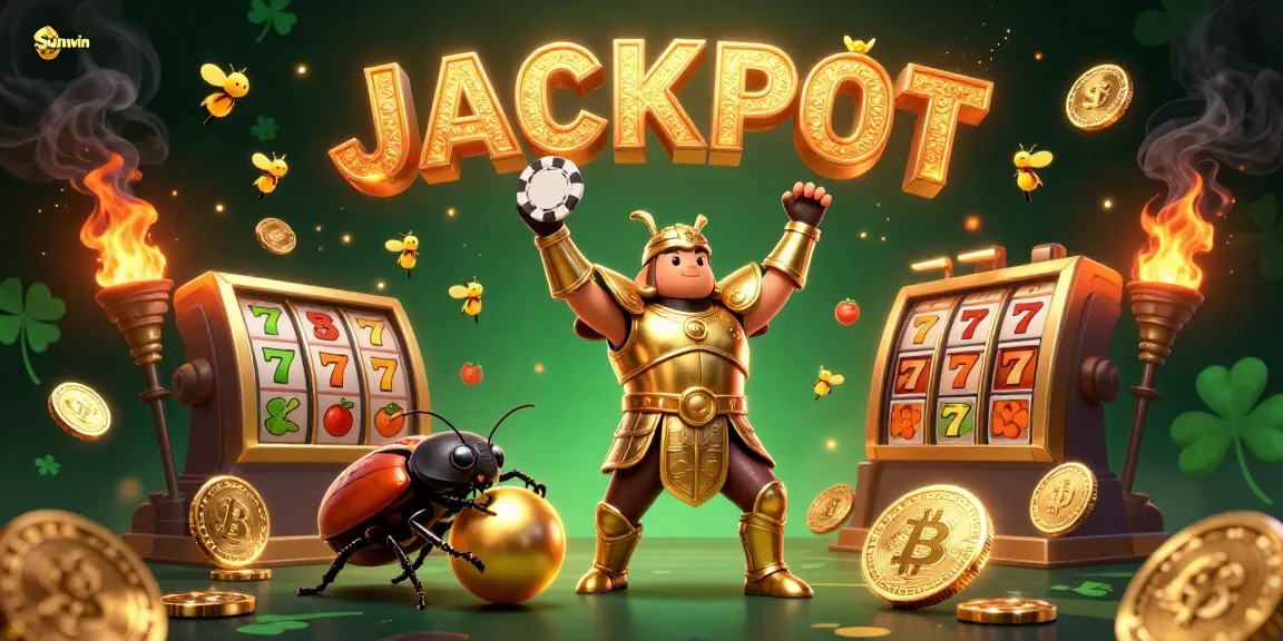 Win big at Sunwin with a 3D cartoon hercules beetle celebrating a jackpot amidst vibrant casino elements.