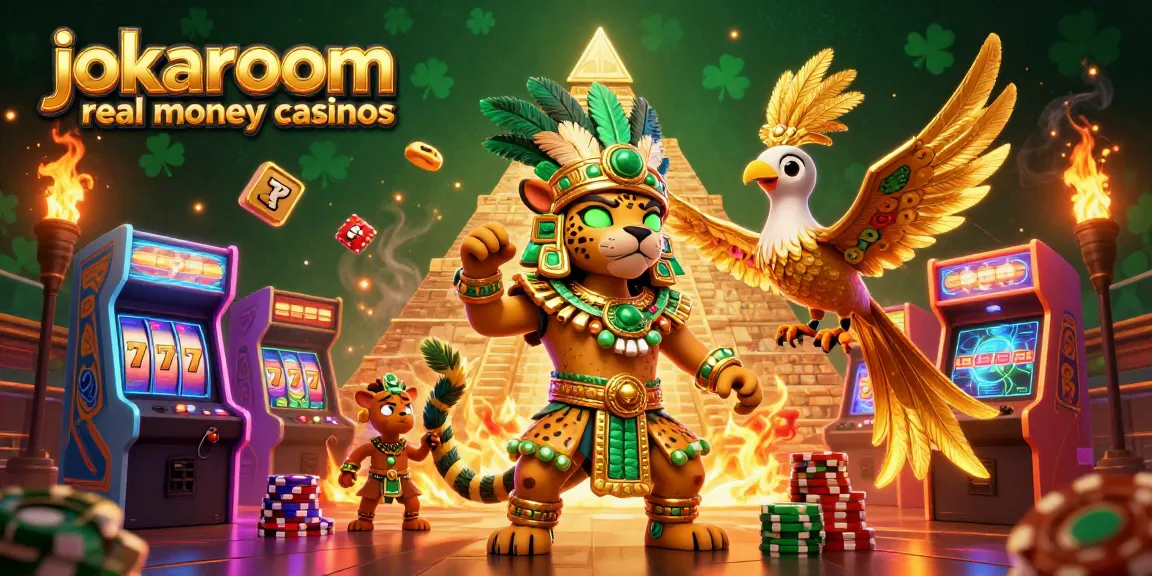 Engage with jokaroom real money casinos through a vibrant 3D scene filled with gaming excitement and allure.