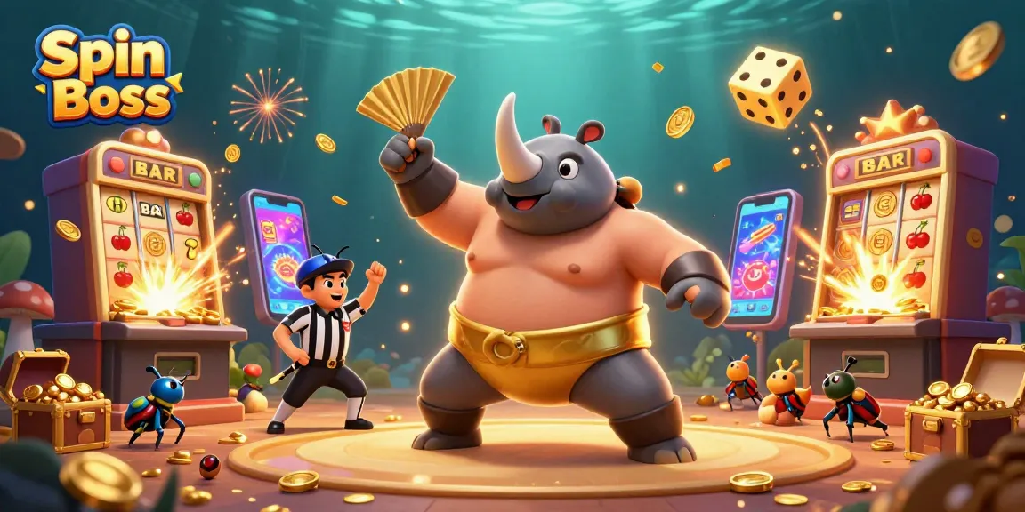 Experience thrilling wins at Spin Boss casino with vibrant illustrations of games and festive characters.